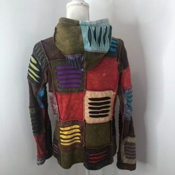 Rising International Womens Razor Cut Patchwork Hooded Jacket Sz M Zipper Boho - Picture 4 of 14